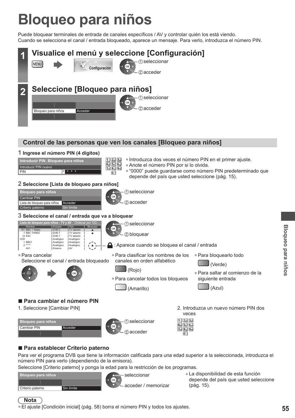 Bloqueo para niños, Visualice el menú y seleccione [configuración, Seleccione [bloqueo para niños | Panasonic TXP42ST50E User Manual | Page 55 / 112