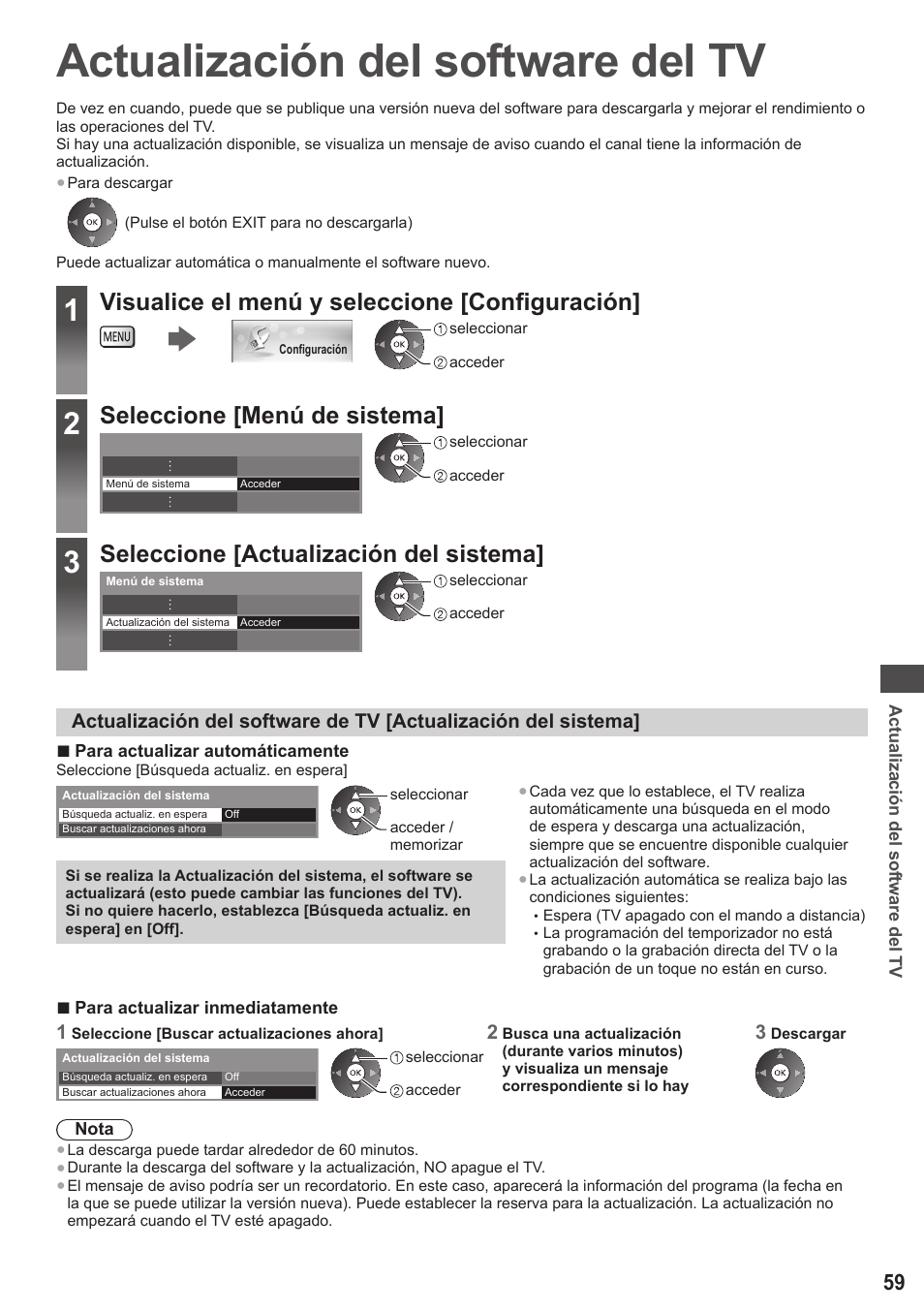 Actualización del software del tv, Visualice el menú y seleccione [configuración, Seleccione [menú de sistema | Seleccione [actualización del sistema | Panasonic TXP42ST50E User Manual | Page 59 / 112