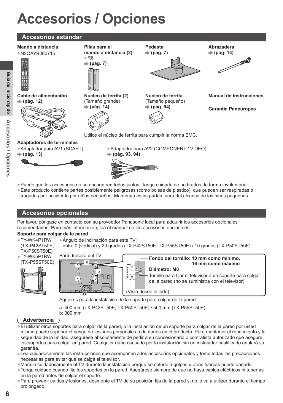Accesorios / opciones, Accesorios estándar, Accesorios opcionales | Panasonic TXP42ST50E User Manual | Page 6 / 112