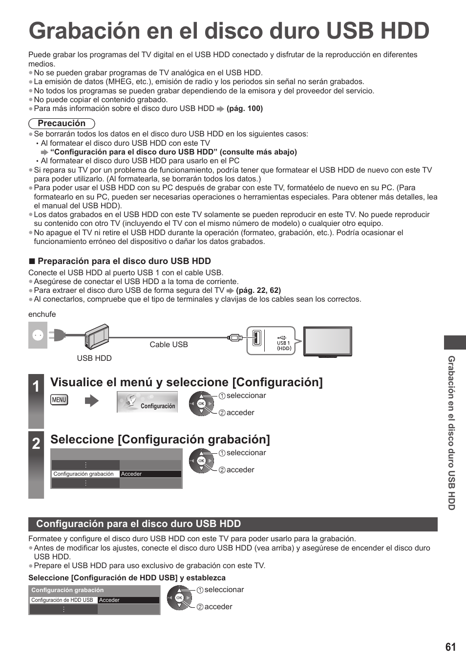 Grabación en el disco duro usb hdd, Visualice el menú y seleccione [configuración, Seleccione [configuración grabación | Configuración para el disco duro usb hdd | Panasonic TXP42ST50E User Manual | Page 61 / 112