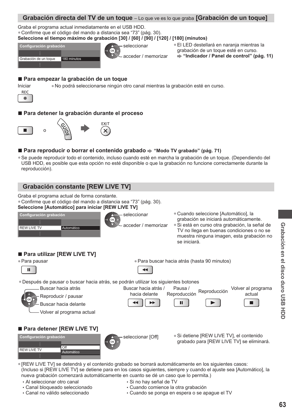 Grabación directa del tv de un toque, Grabación de un toque, Grabación constante [rew live tv | Panasonic TXP42ST50E User Manual | Page 63 / 112