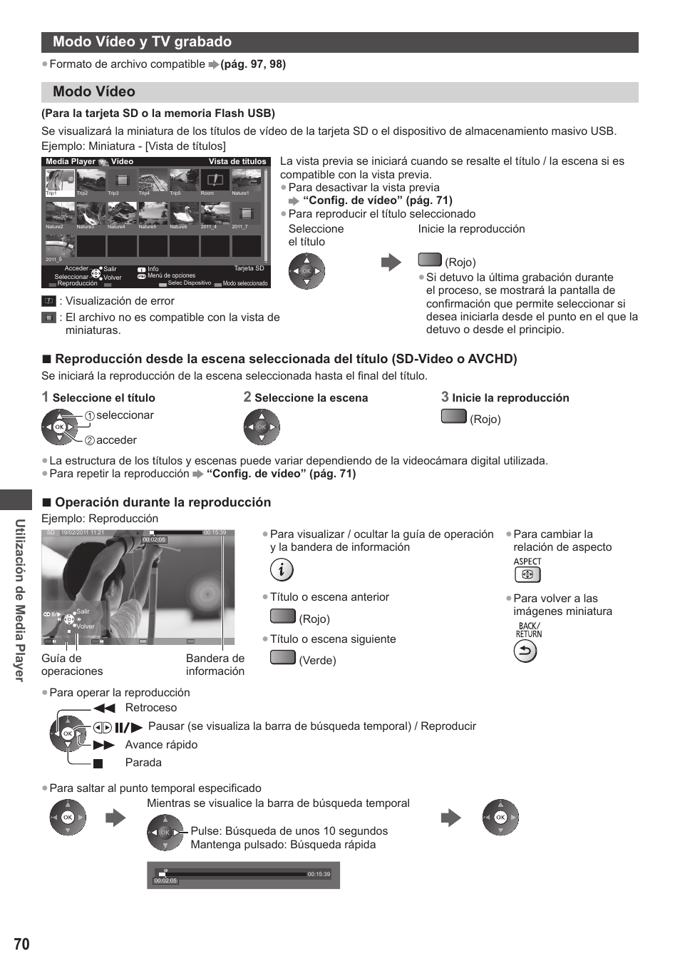 Modo vídeo y tv grabado, Modo vídeo, Utilización de media player | Operación durante la reproducción | Panasonic TXP42ST50E User Manual | Page 70 / 112