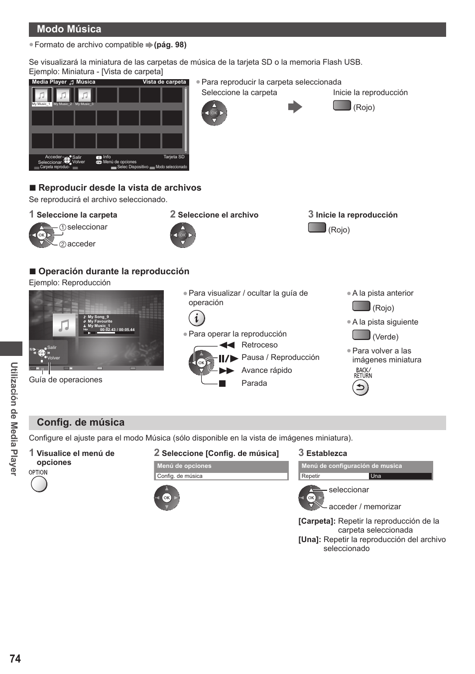 Modo música, Config. de música, Utilización de media player | Reproducir desde la vista de archivos, Operación durante la reproducción | Panasonic TXP42ST50E User Manual | Page 74 / 112