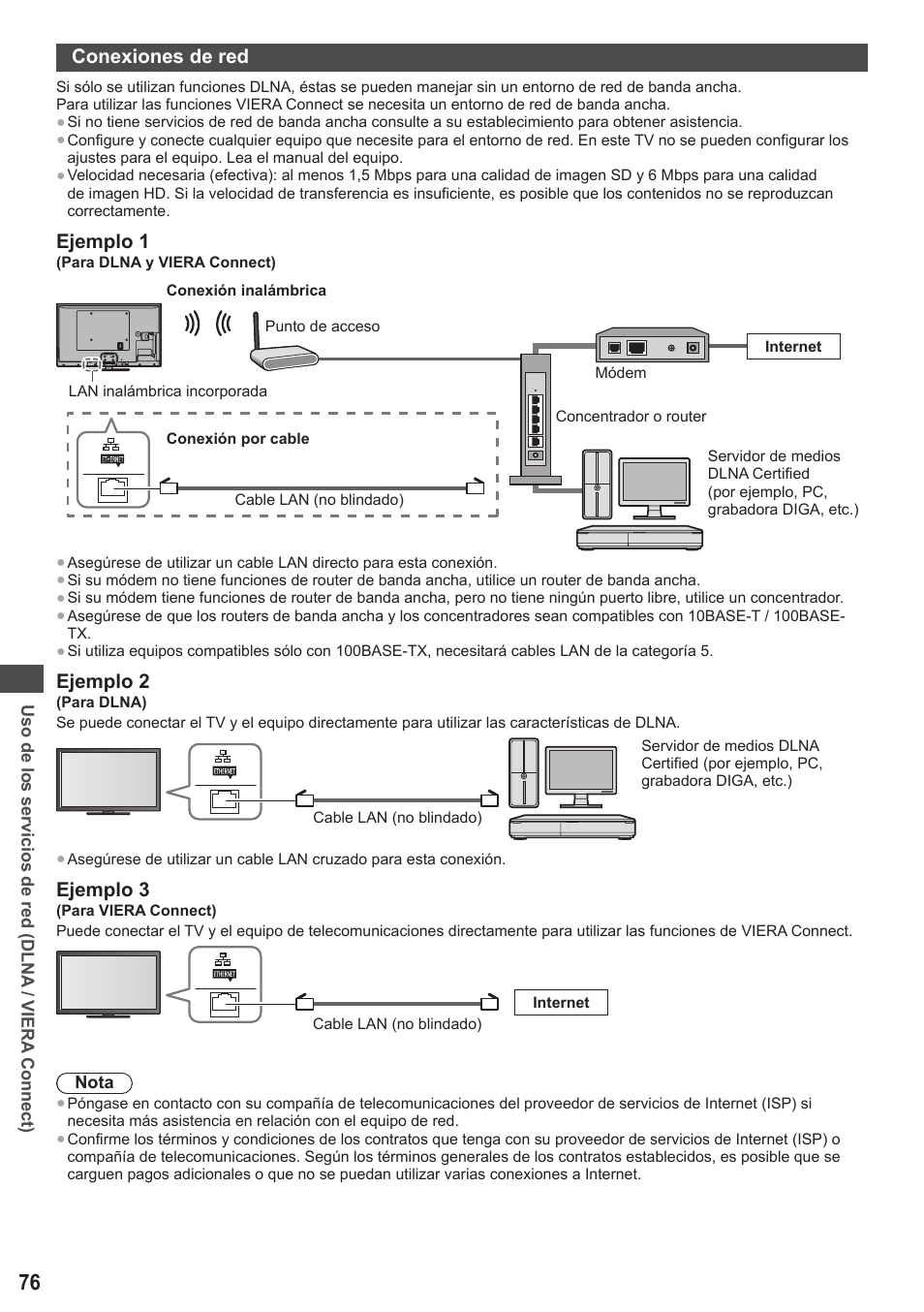 Conexiones de red, Ejemplo 1, Ejemplo 2 | Ejemplo 3 | Panasonic TXP42ST50E User Manual | Page 76 / 112
