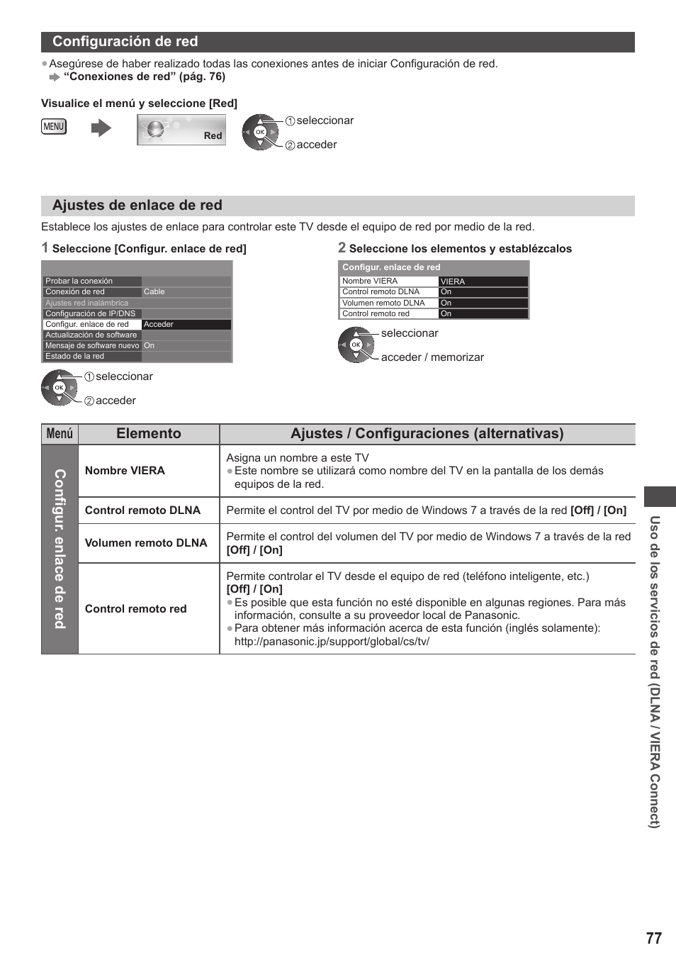 Configuración de red, Ajustes de enlace de red | Panasonic TXP42ST50E User Manual | Page 77 / 112