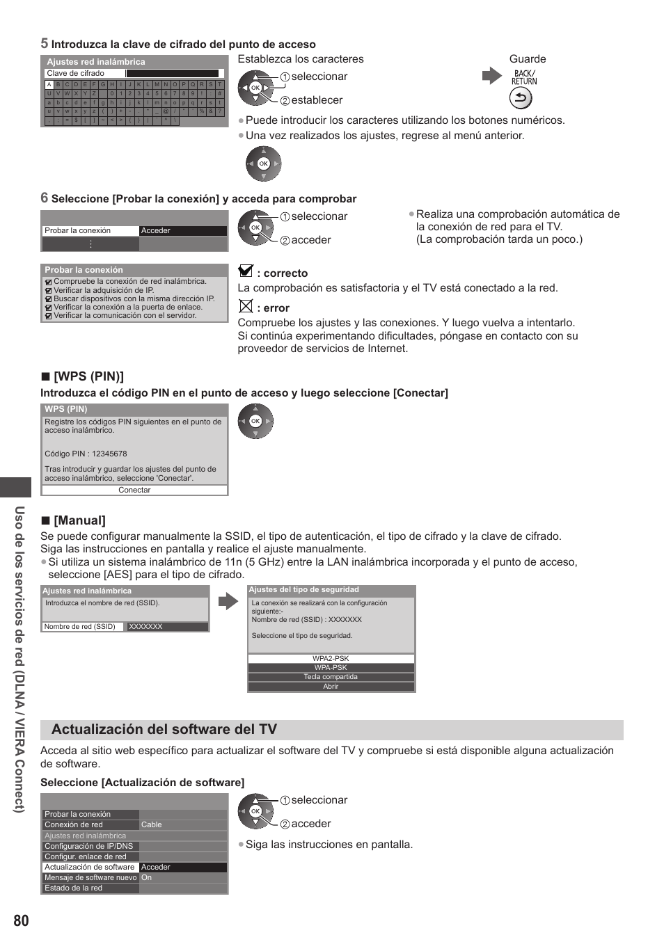 Actualización del software del tv, Uso de los servicios de red (dlna / viera connect), Wps (pin) | Manual | Panasonic TXP42ST50E User Manual | Page 80 / 112