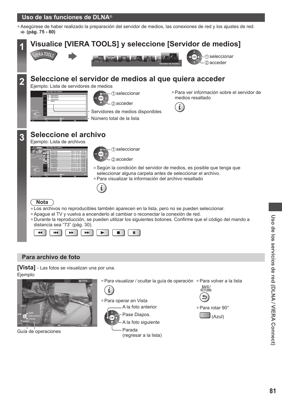 Seleccione el archivo, Uso de las funciones de dlna, Para archivo de foto [vista | Uso de los servicios de red (dlna / viera connect), Nota | Panasonic TXP42ST50E User Manual | Page 81 / 112