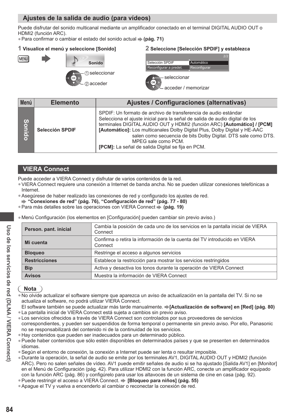 Ajustes de la salida de audio (para vídeos), Viera connect | Panasonic TXP42ST50E User Manual | Page 84 / 112