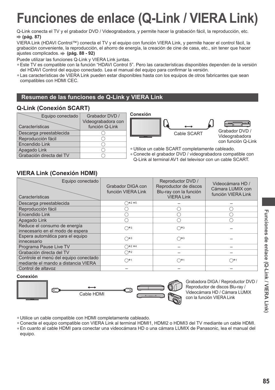 Funciones de enlace (q-link / viera link), Viera link (conexión hdmi) | Panasonic TXP42ST50E User Manual | Page 85 / 112