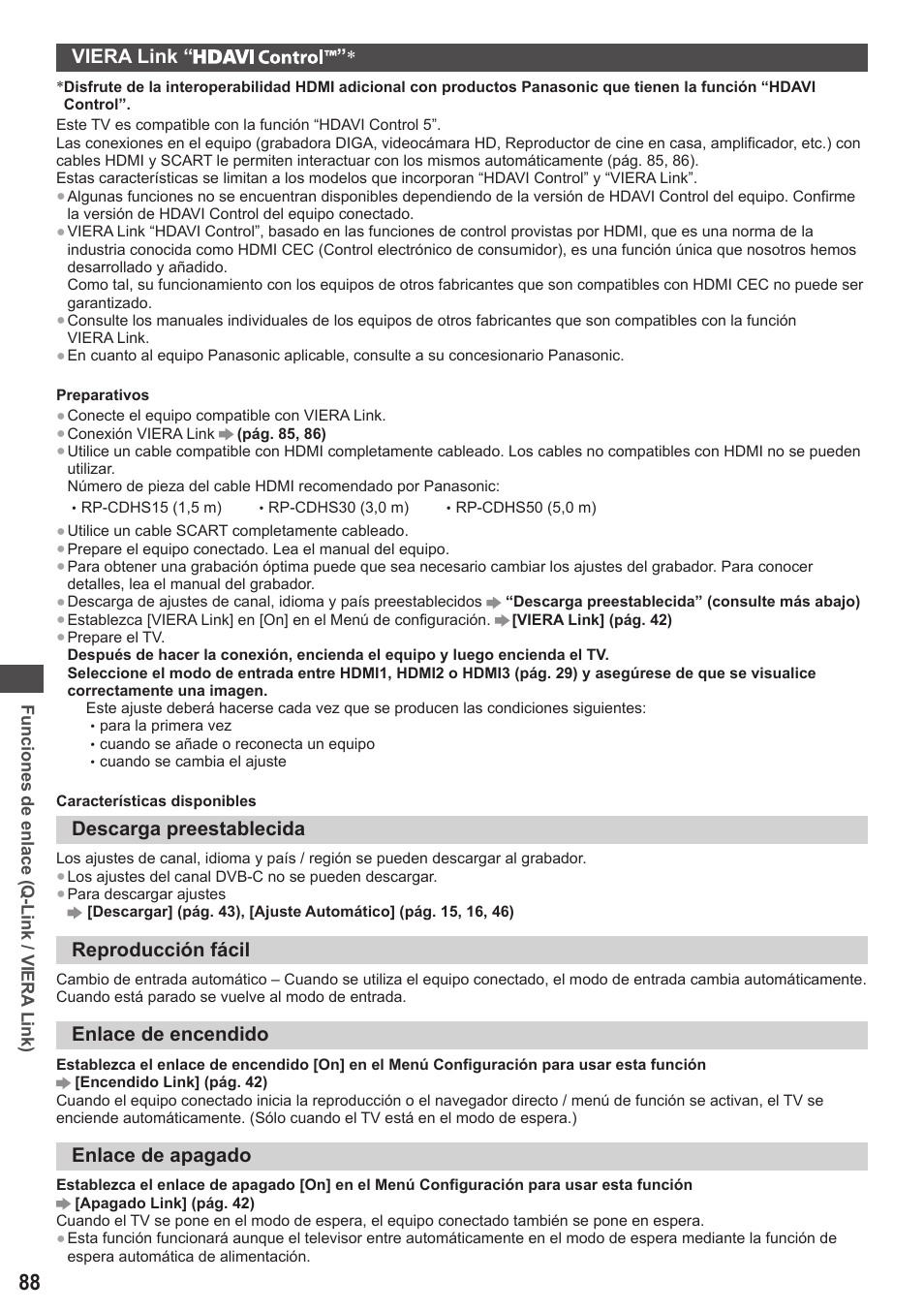 Viera link, Descarga preestablecida, Reproducción fácil | Enlace de encendido, Enlace de apagado | Panasonic TXP42ST50E User Manual | Page 88 / 112