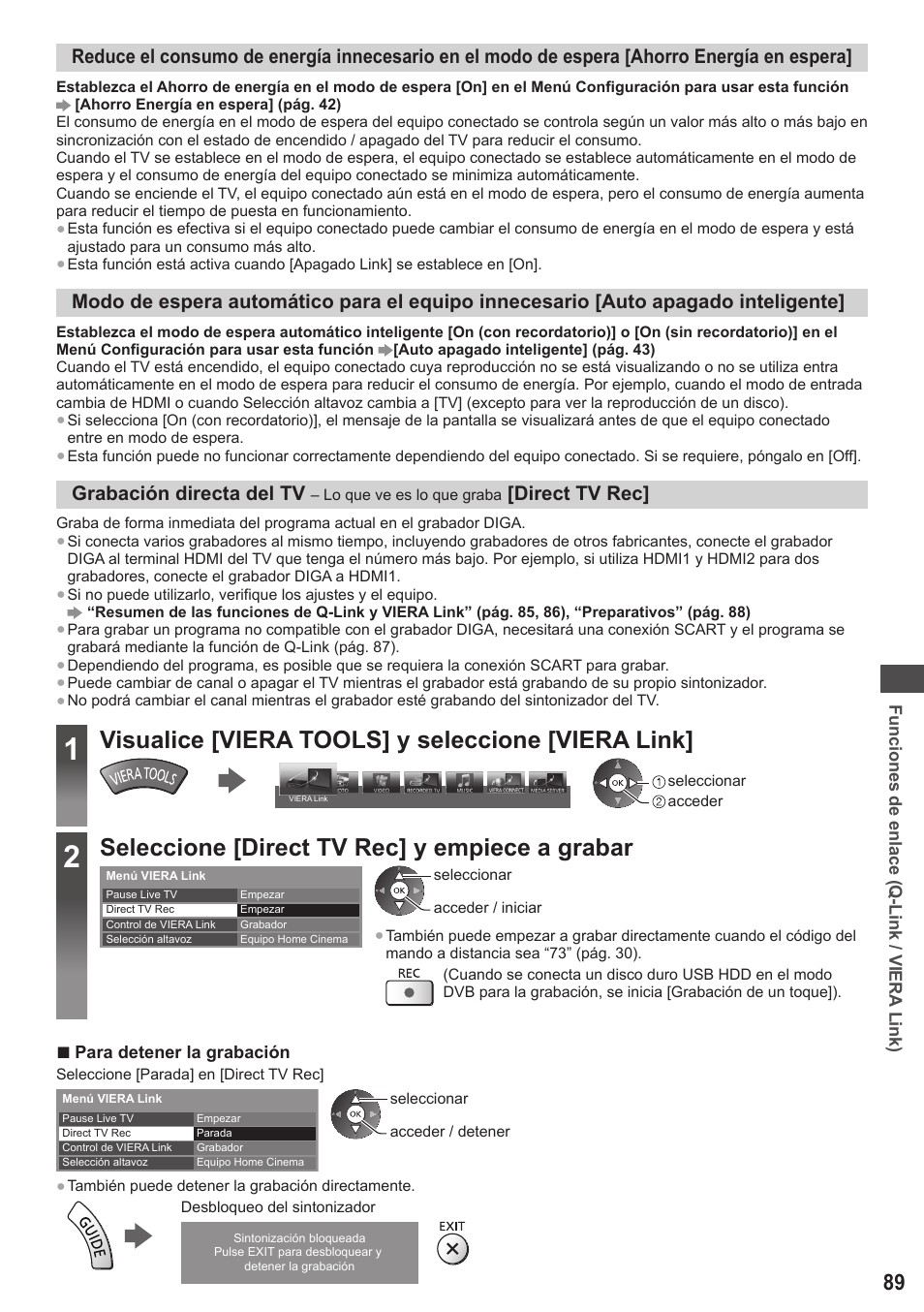 Visualice [viera tools] y seleccione [viera link, Seleccione [direct tv rec] y empiece a grabar, Grabación directa del tv | Direct tv rec | Panasonic TXP42ST50E User Manual | Page 89 / 112