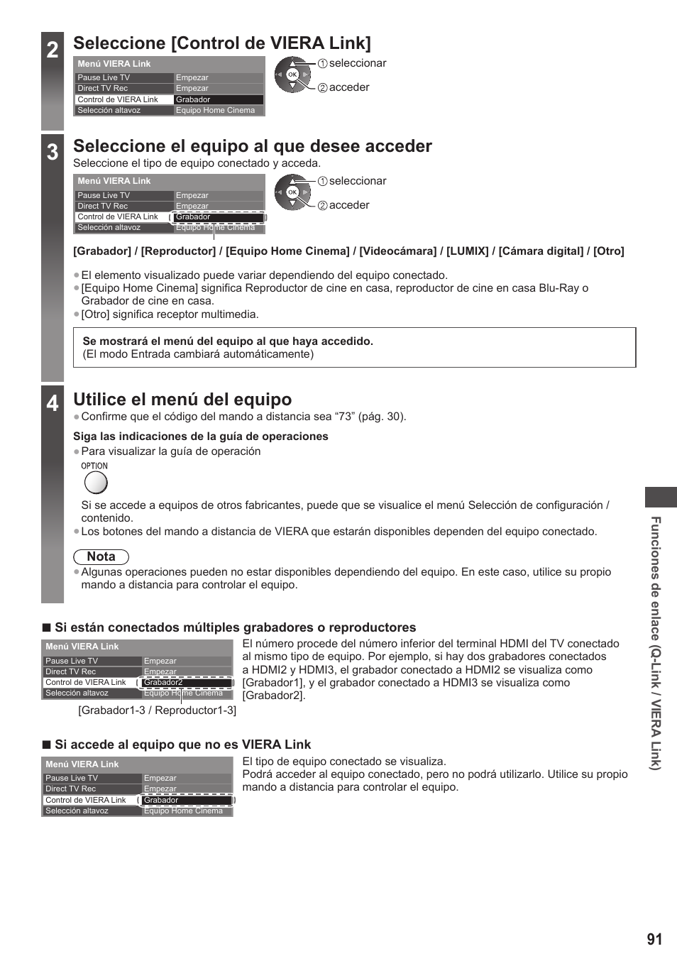 Seleccione [control de viera link, Seleccione el equipo al que desee acceder, Utilice el menú del equipo | Panasonic TXP42ST50E User Manual | Page 91 / 112