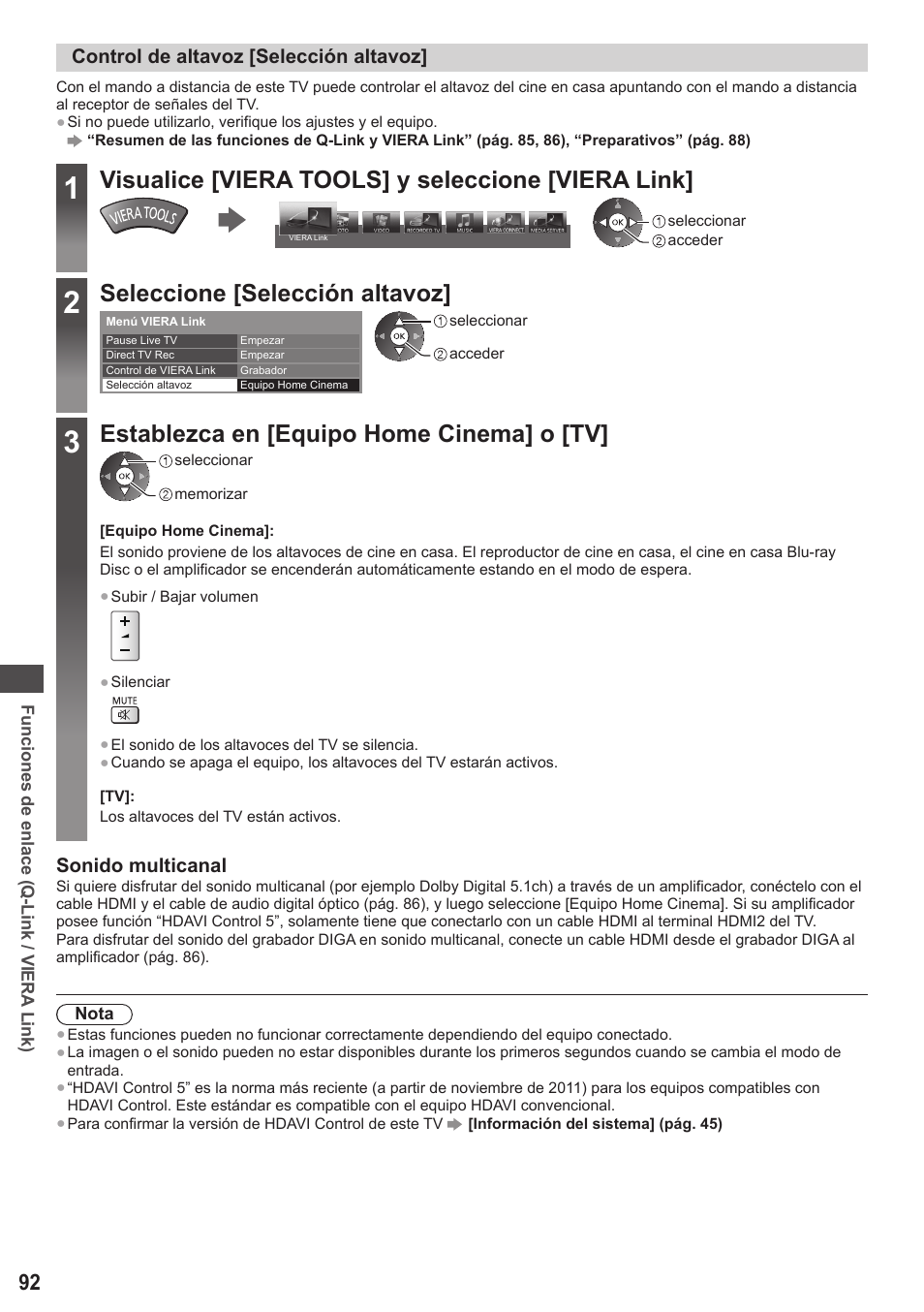 Visualice [viera tools] y seleccione [viera link, Seleccione [selección altavoz, Establezca en [equipo home cinema] o [tv | Control de altavoz [selección altavoz, Sonido multicanal | Panasonic TXP42ST50E User Manual | Page 92 / 112