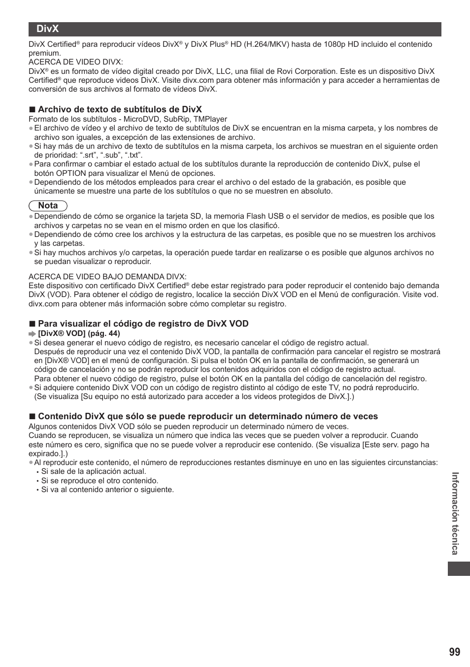 Divx | Panasonic TXP42ST50E User Manual | Page 99 / 112