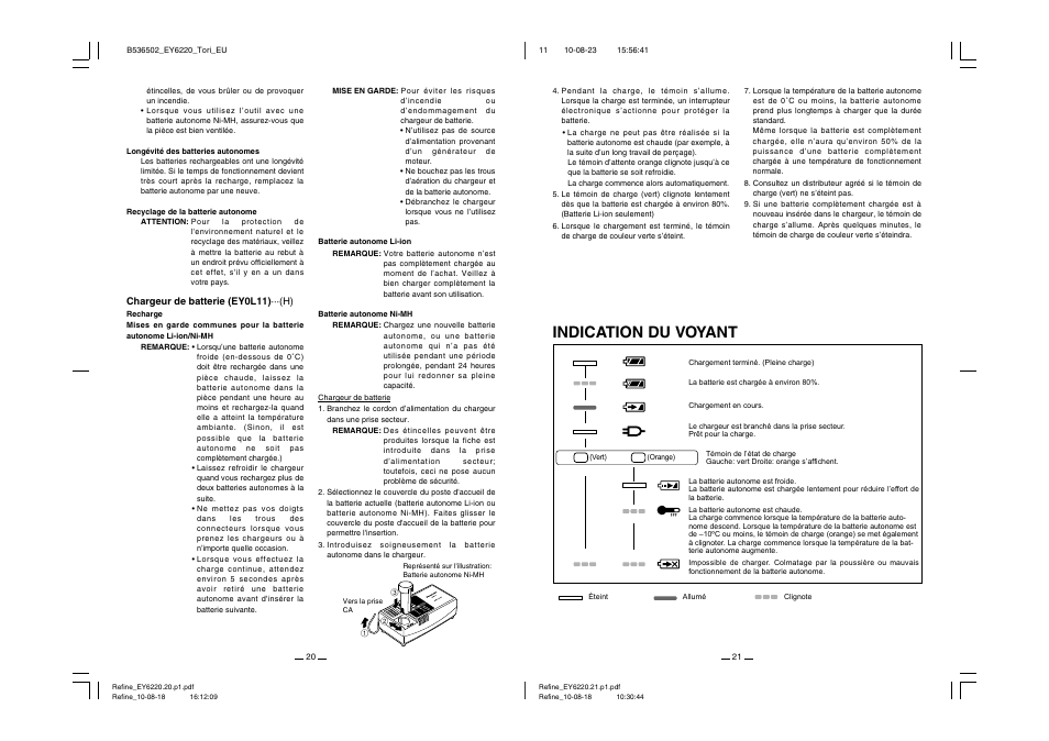 Indication du voyant | Panasonic EY6220 User Manual | Page 11 / 34