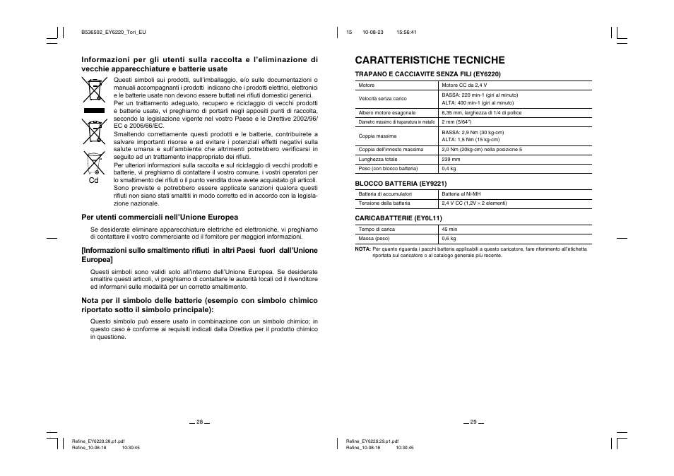 Caratteristiche tecniche | Panasonic EY6220 User Manual | Page 15 / 34