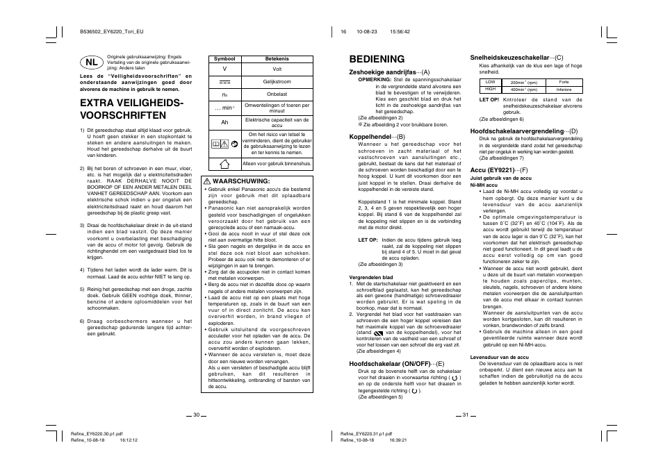 Extra veiligheids- voorschriften, Bediening | Panasonic EY6220 User Manual | Page 16 / 34