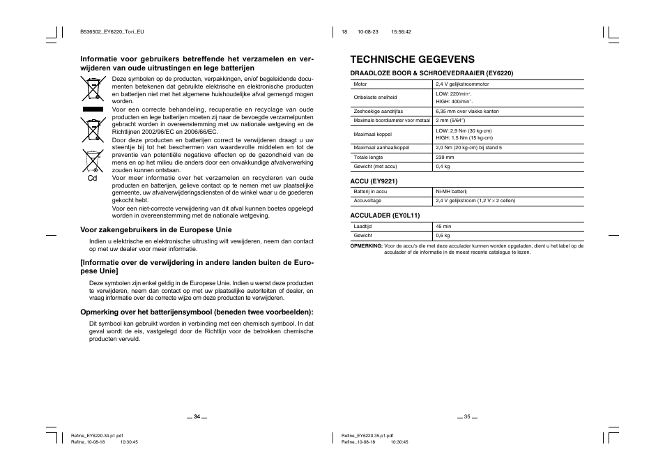 Technische gegevens | Panasonic EY6220 User Manual | Page 18 / 34