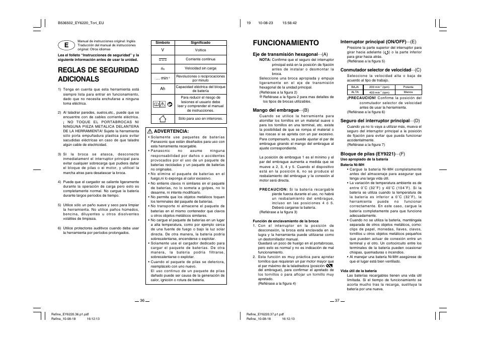 Reglas de seguridad adicionals, Funcionamiento | Panasonic EY6220 User Manual | Page 19 / 34