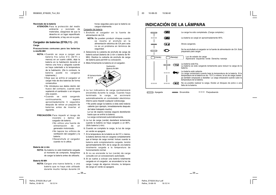 Indicación de la lámpara | Panasonic EY6220 User Manual | Page 20 / 34