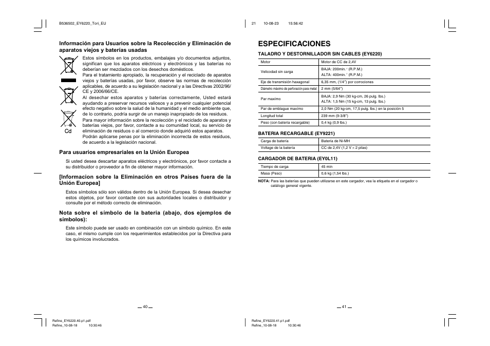 Especificaciones | Panasonic EY6220 User Manual | Page 21 / 34