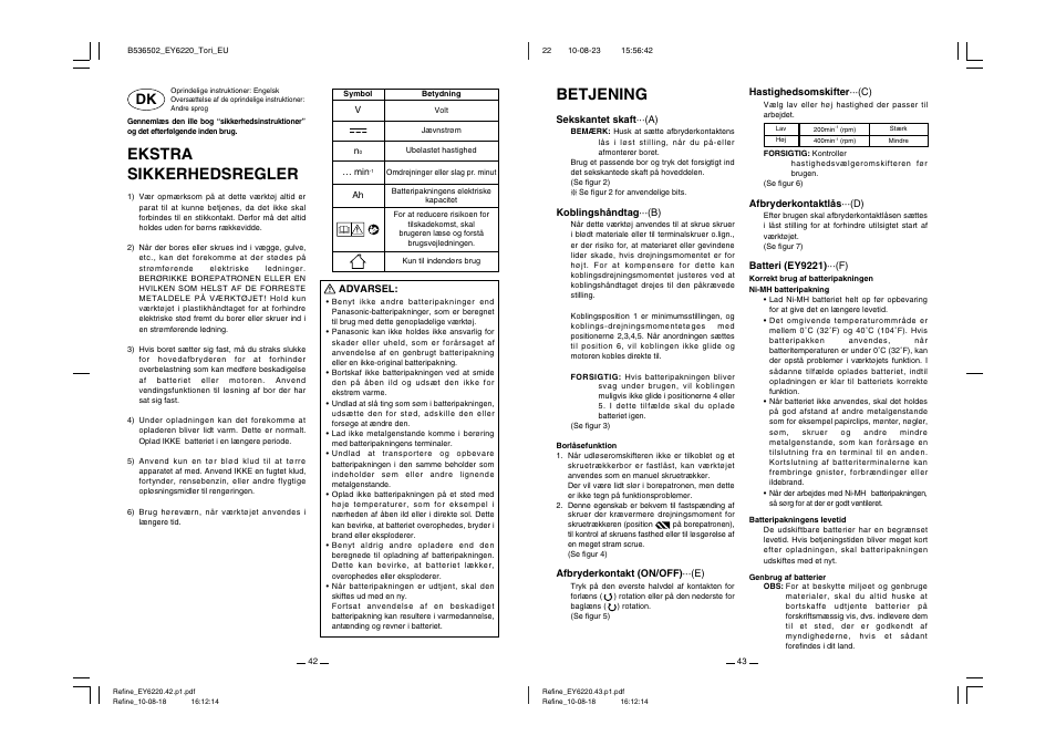 Ekstra sikkerhedsregler, Betjening | Panasonic EY6220 User Manual | Page 22 / 34