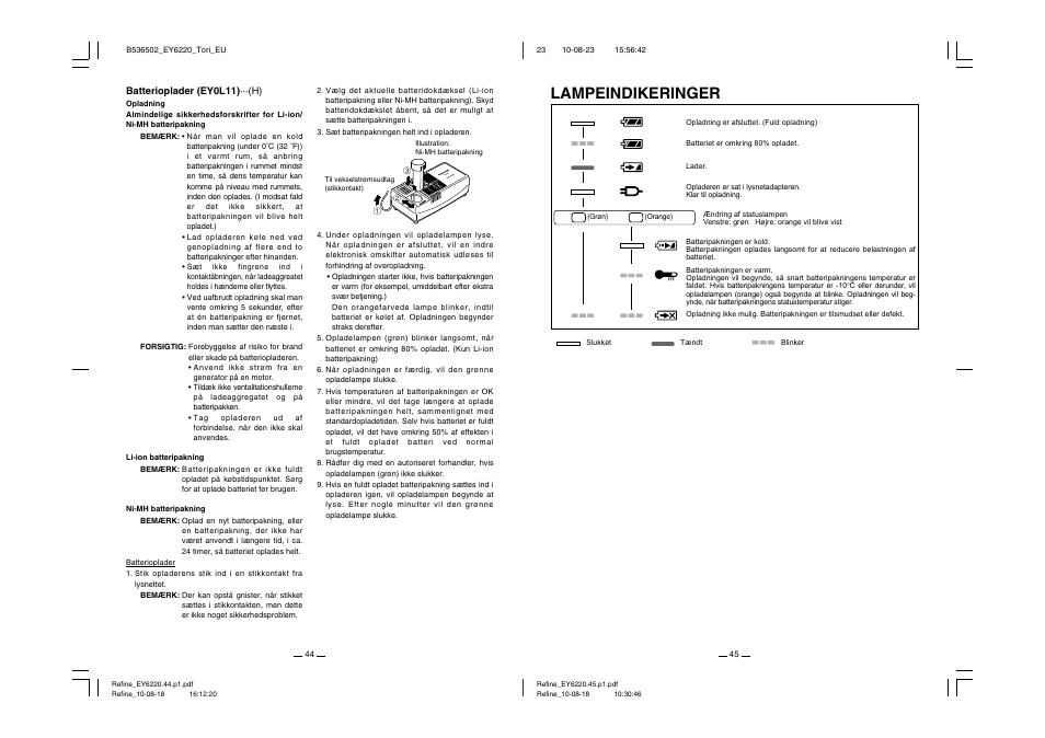 Lampeindikeringer | Panasonic EY6220 User Manual | Page 23 / 34