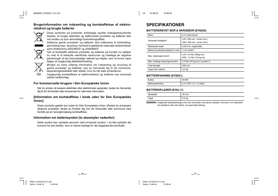 Specifikationer | Panasonic EY6220 User Manual | Page 24 / 34