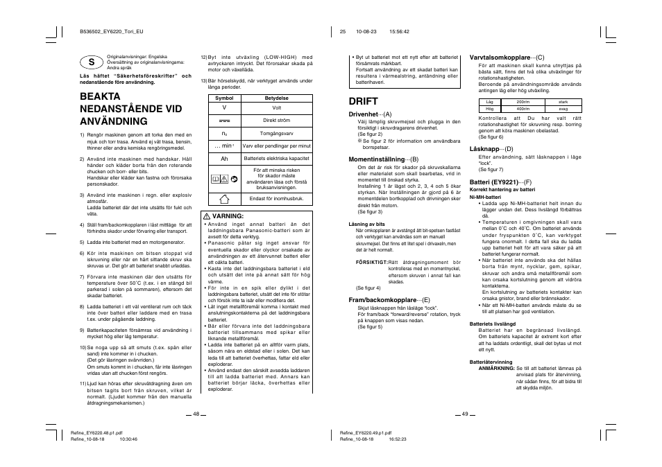 Beakta nedanstående vid användning, Drift | Panasonic EY6220 User Manual | Page 25 / 34
