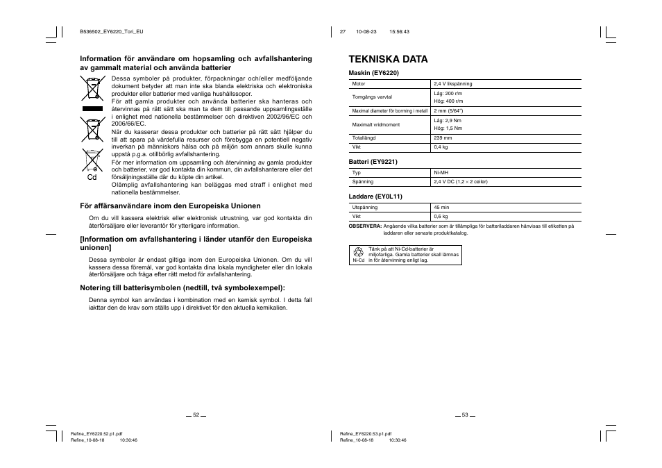 Tekniska data | Panasonic EY6220 User Manual | Page 27 / 34