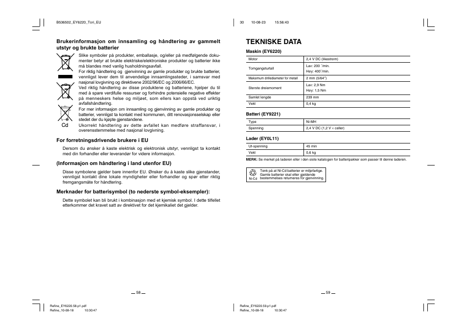 Tekniske data | Panasonic EY6220 User Manual | Page 30 / 34