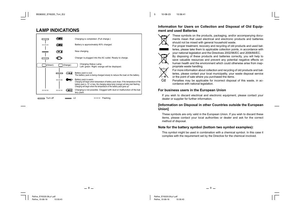 Lamp indications | Panasonic EY6220 User Manual | Page 5 / 34