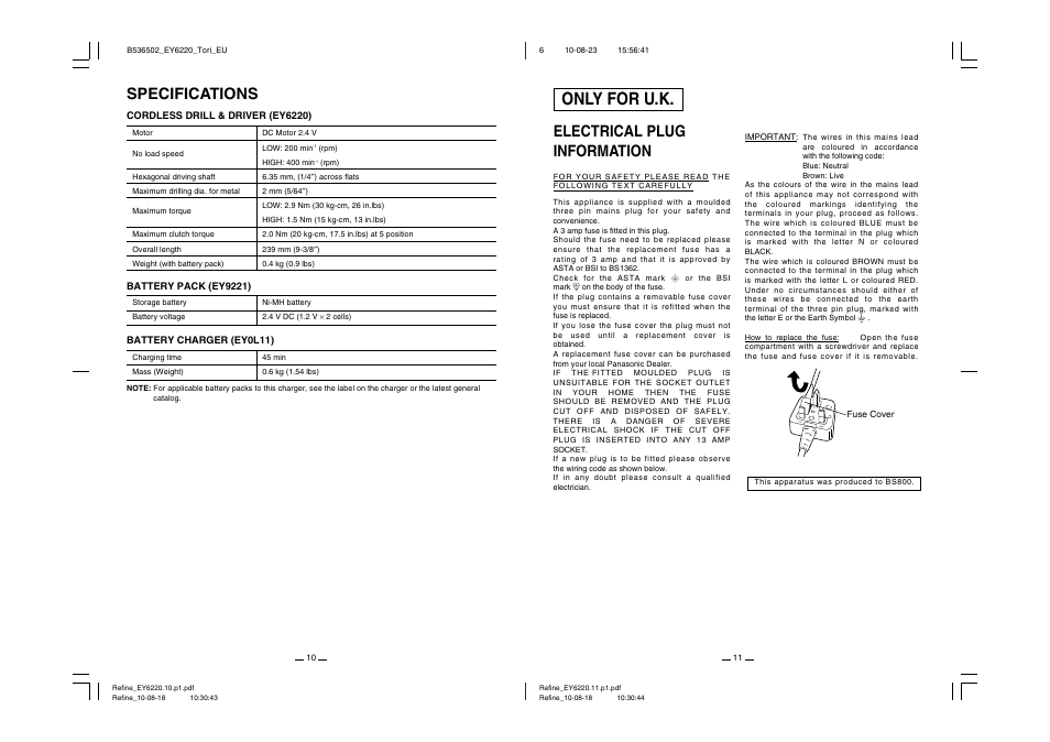 Only for u.k, Specifications, Electrical plug information | Panasonic EY6220 User Manual | Page 6 / 34