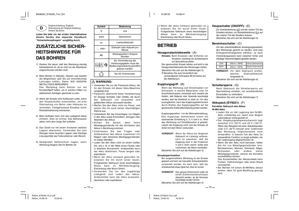 Zusätzliche sicher- heitshinweise für das bohren, Betrieb | Panasonic EY6220 User Manual | Page 7 / 34