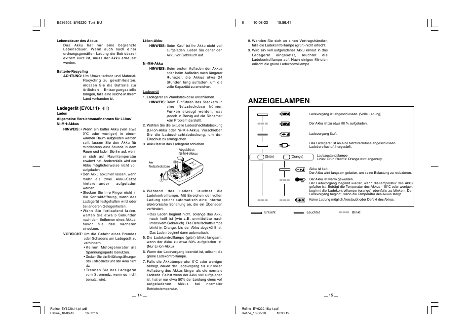 Anzeigelampen | Panasonic EY6220 User Manual | Page 8 / 34