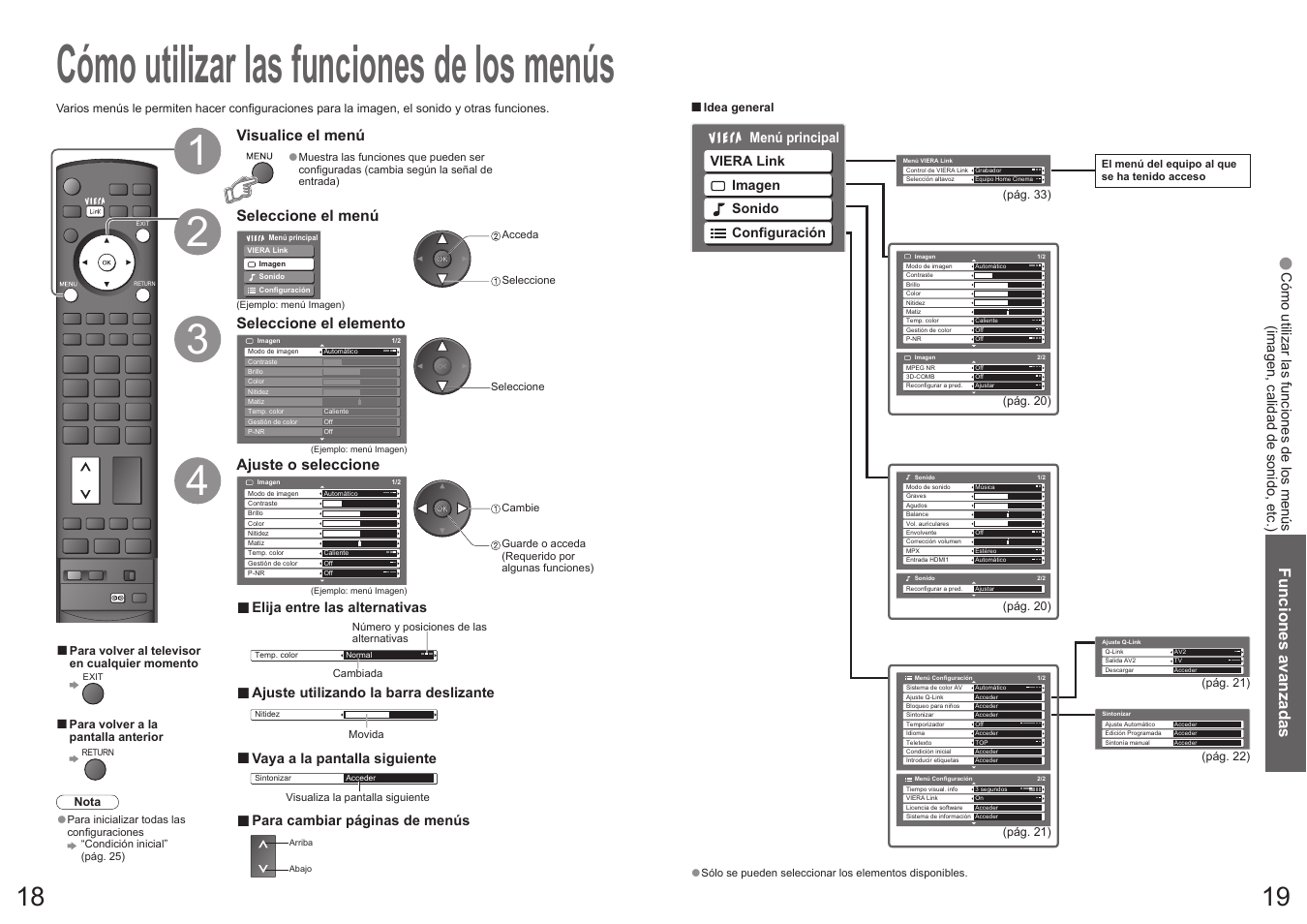 Cómo utilizar las funciones de los menús, Funciones avanzadas, Visualice el menú | Seleccione el menú seleccione el elemento, Ajuste o seleccione, Elija entre las alternativas, Ajuste utilizando la barra deslizante, Vaya a la pantalla siguiente, Para cambiar páginas de menús | Panasonic TX32LX700F User Manual | Page 10 / 22