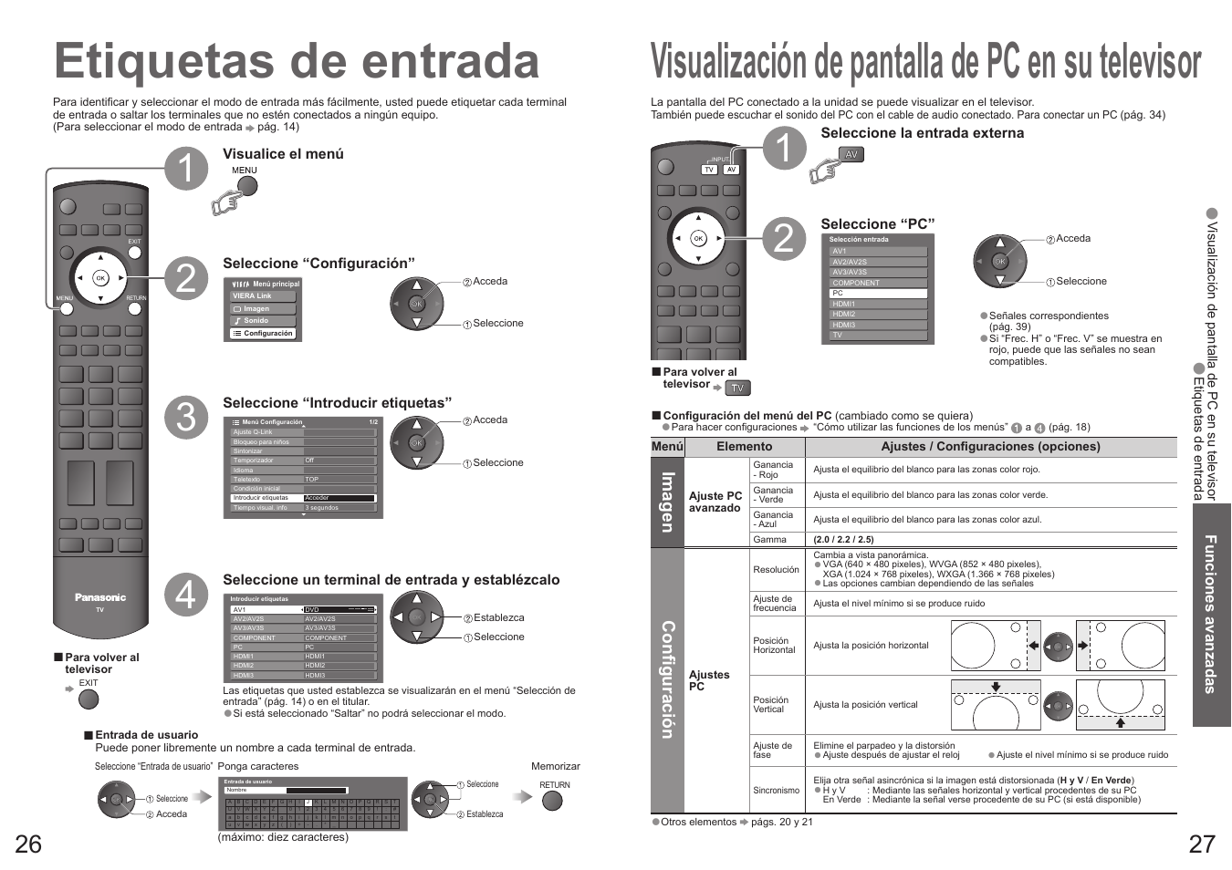 Visualización de pantalla de pc en su televisor, Etiquetas de entrada, Imagen | Con fi guración, Funciones avanzadas | Panasonic TX32LX700F User Manual | Page 14 / 22