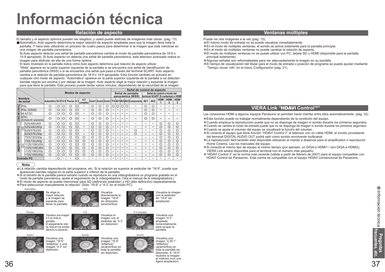 Información técnica, Preguntas frecuentes, etc, Relación de aspecto | Ventanas múltiples, Viera link “ control | Panasonic TX32LX700F User Manual | Page 19 / 22