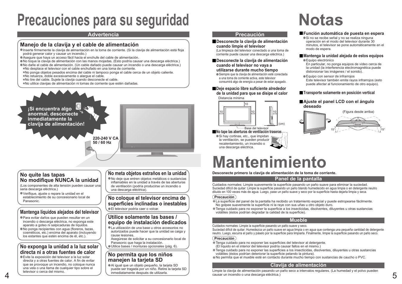 Precauciones para su seguridad, Notas, Mantenimiento | Panasonic TX32LX700F User Manual | Page 3 / 22