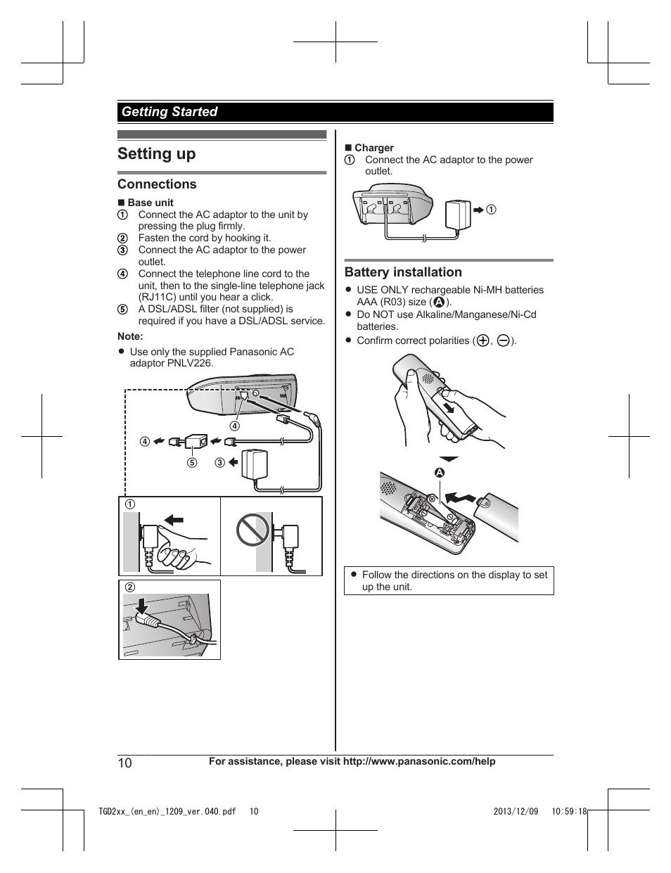 Getting started, Setting up | Panasonic KXTGD224 User Manual | Page 10 / 56