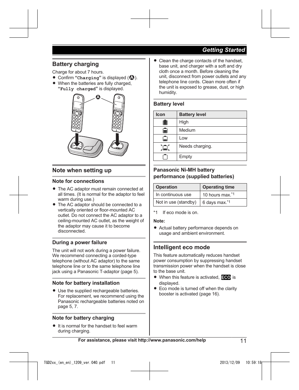 Battery charging, Intelligent eco mode, 11 getting started | Panasonic KXTGD224 User Manual | Page 11 / 56