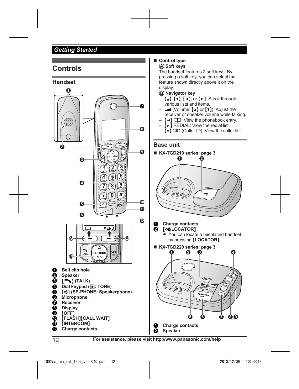 Controls, Handset, Base unit | Getting started | Panasonic KXTGD224 User Manual | Page 12 / 56