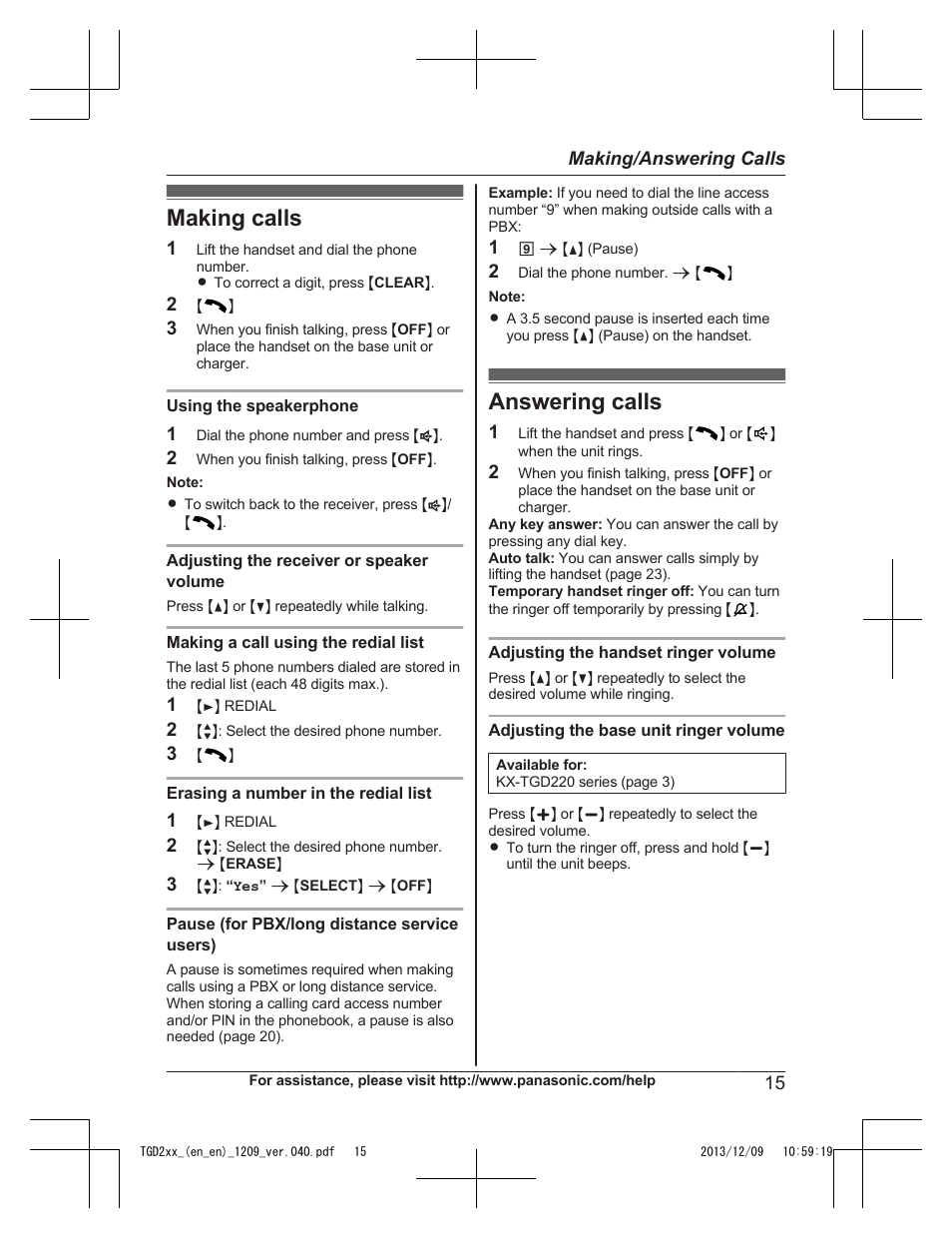 Making/answering calls, Making calls, Answering calls | Making calls answering calls | Panasonic KXTGD224 User Manual | Page 15 / 56