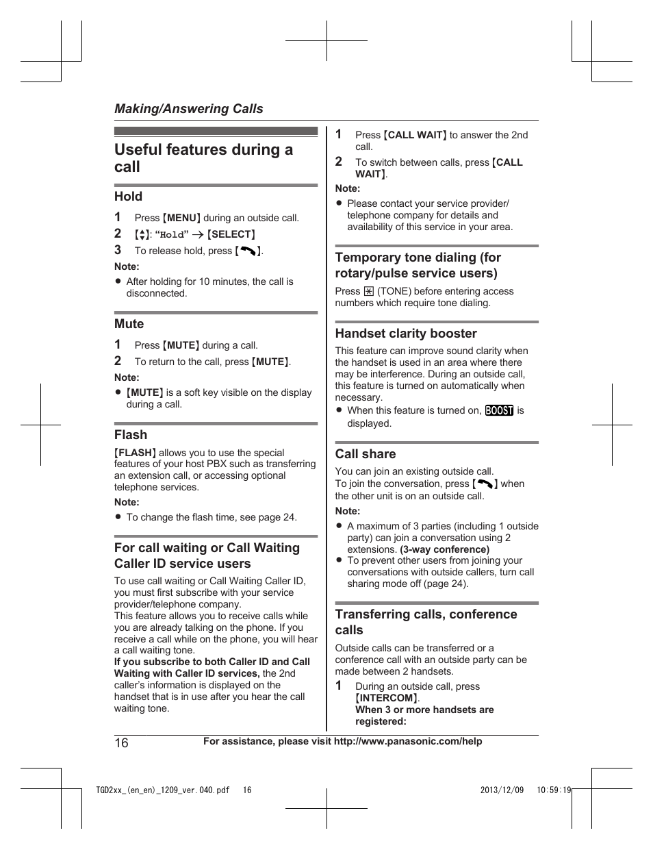 Useful features during a call | Panasonic KXTGD224 User Manual | Page 16 / 56