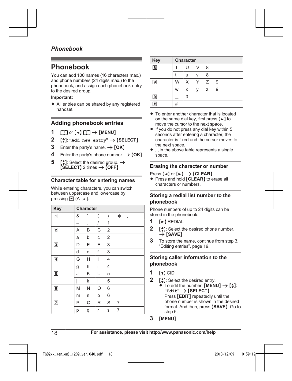 Phonebook, Adding phonebook entries 1 | Panasonic KXTGD224 User Manual | Page 18 / 56