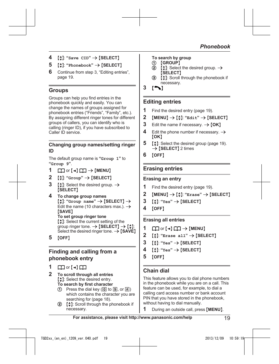 Editing entries | Panasonic KXTGD224 User Manual | Page 19 / 56