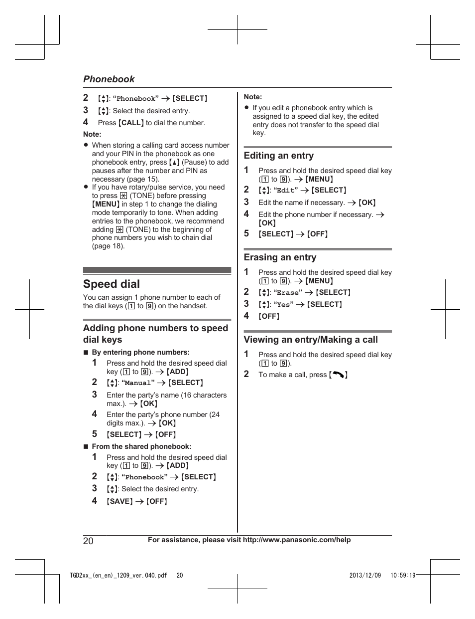 Speed dial | Panasonic KXTGD224 User Manual | Page 20 / 56