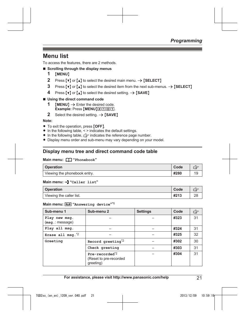 Programming, Menu list, Display menu tree and direct command code table | 21 programming | Panasonic KXTGD224 User Manual | Page 21 / 56