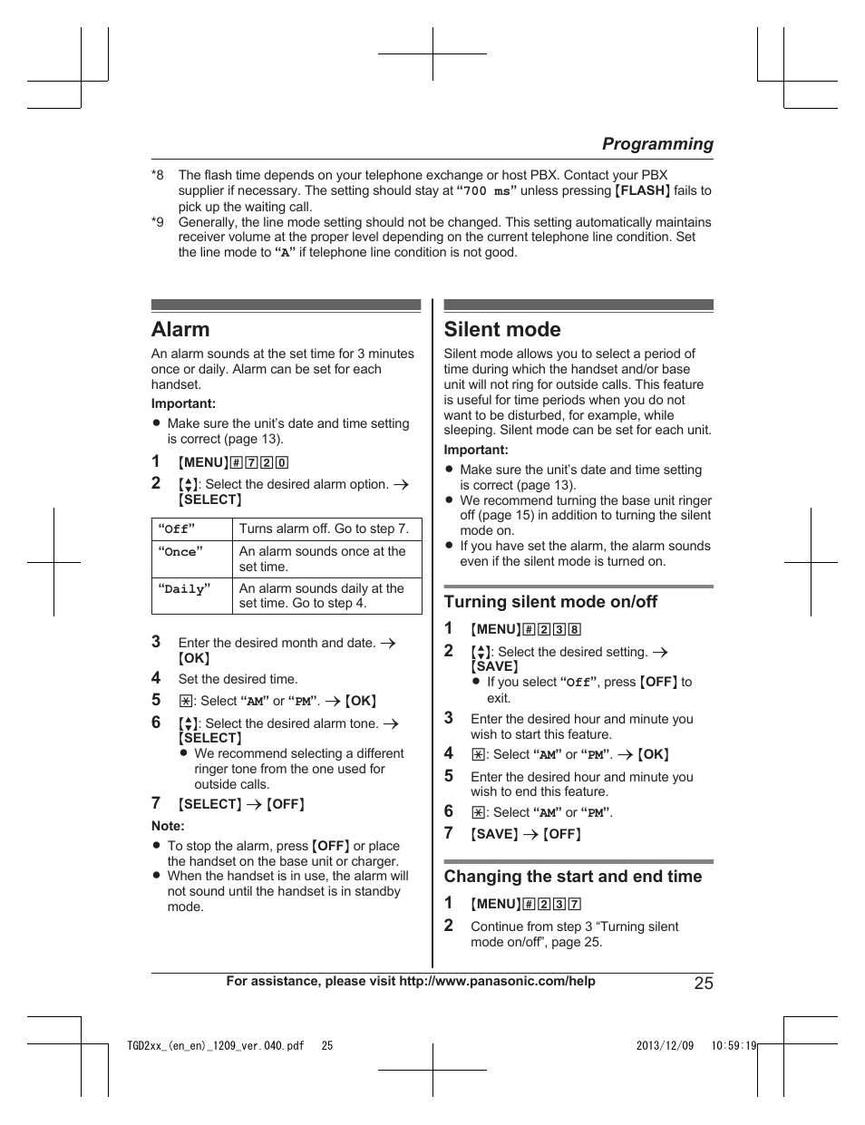 Alarm, Silent mode, Alarm silent mode | Panasonic KXTGD224 User Manual | Page 25 / 56