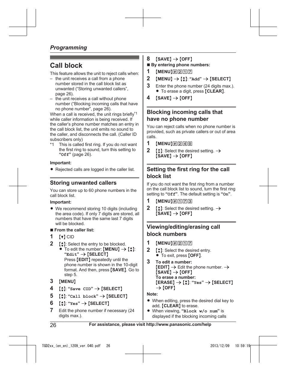 Call block | Panasonic KXTGD224 User Manual | Page 26 / 56